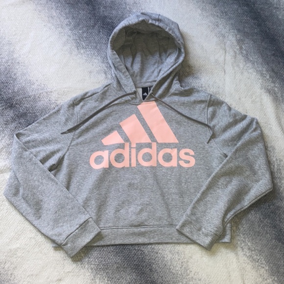 Adidas Gray & Pink Crop Top Hooded Sweatshirt Sz Youth XL - Picture 3 of 8